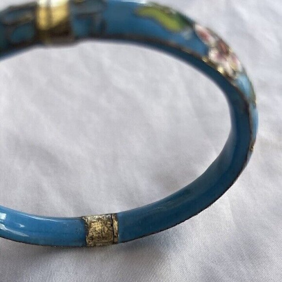 Vintage Cloisonne Women’s bangle Bracelet Light Blue Turquoise color floral 7.5” - Picture 7 of 14